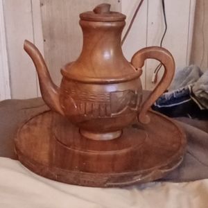 Hand carved vintage tea pot and lazy susan